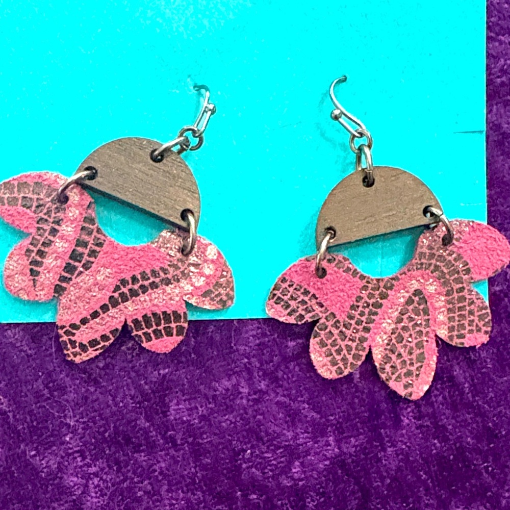 Leather Wood Purple Pink Floral Textured Tribal Dangle double side Earrings